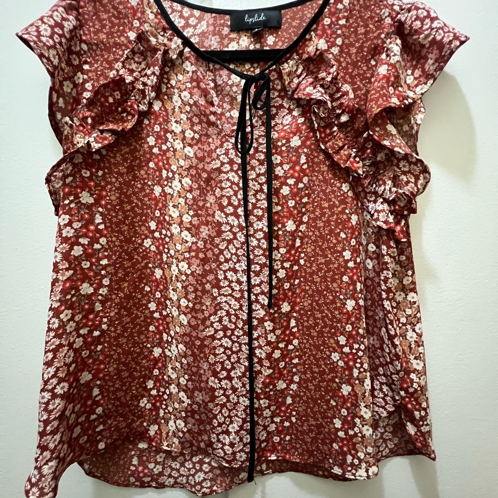 Kipling Gold and Black Ruffled Blouse with Flutter Sleeves